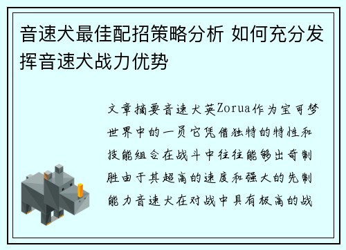 音速犬最佳配招策略分析 如何充分发挥音速犬战力优势