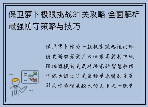 保卫萝卜极限挑战31关攻略 全面解析最强防守策略与技巧